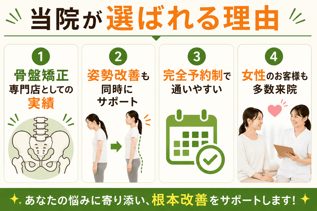丁寧なカウンセリングと体全体のつながりを徹底分析する検査で、O脚の根本原因を突き止める整体院の解説図