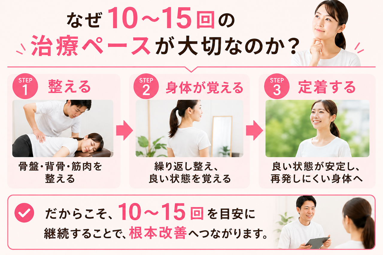 骨盤矯正を10〜15回継続することで、骨格や筋肉を段階的に整えて根本改善へ導くステップを解説した画像