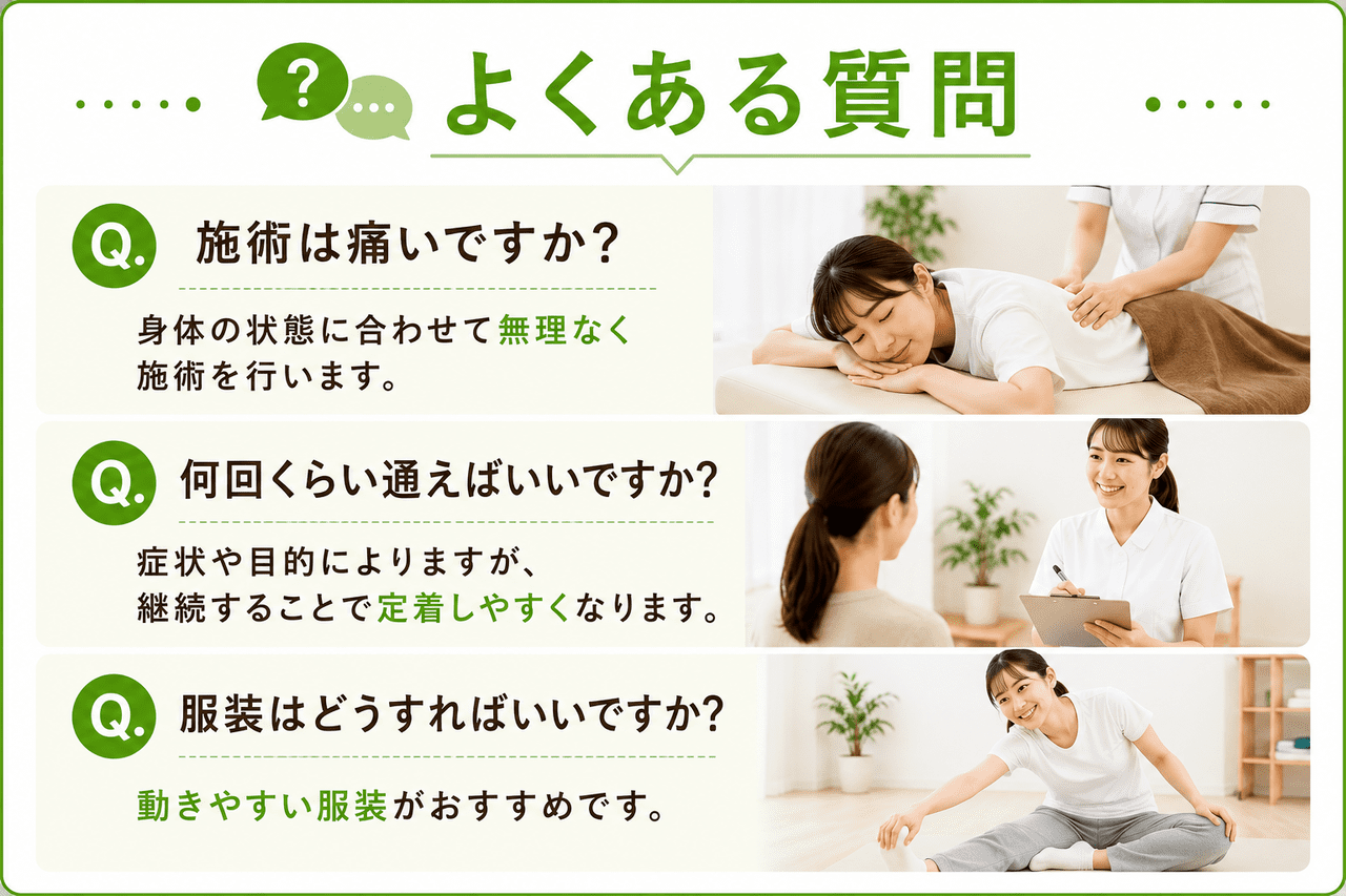 産後骨盤矯正の通院時期や服装、施術の痛みなど、整体院が初めての方の気になる疑問に分かりやすく答える新小倉カイロプラクティック整体院のQ&Aイメージ