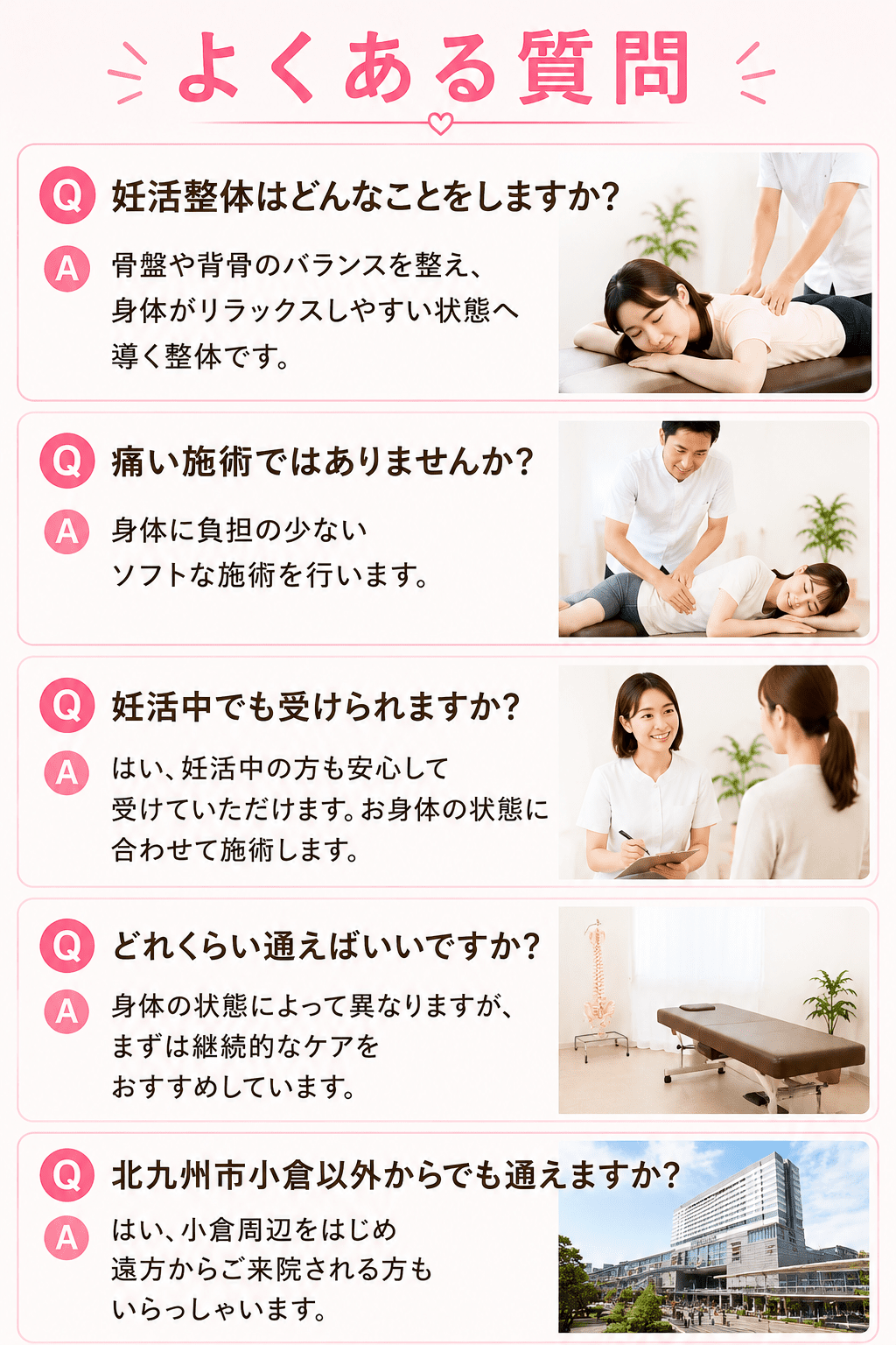病院の不妊治療との並行や施術の痛みなど、妊活中の整体に関する疑問や不安を解消するためのイメージ画像