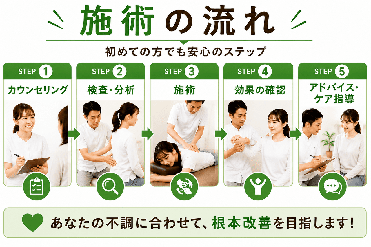 カウンセリングから検査、骨格矯正、アフターフォローまで、当院の首こり・肩こり・頭痛の施術の流れの解説図