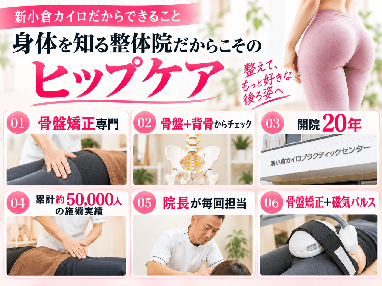 開院20年・累計施術実績50,000人を誇る院長と骨盤矯正専門院のイメージ