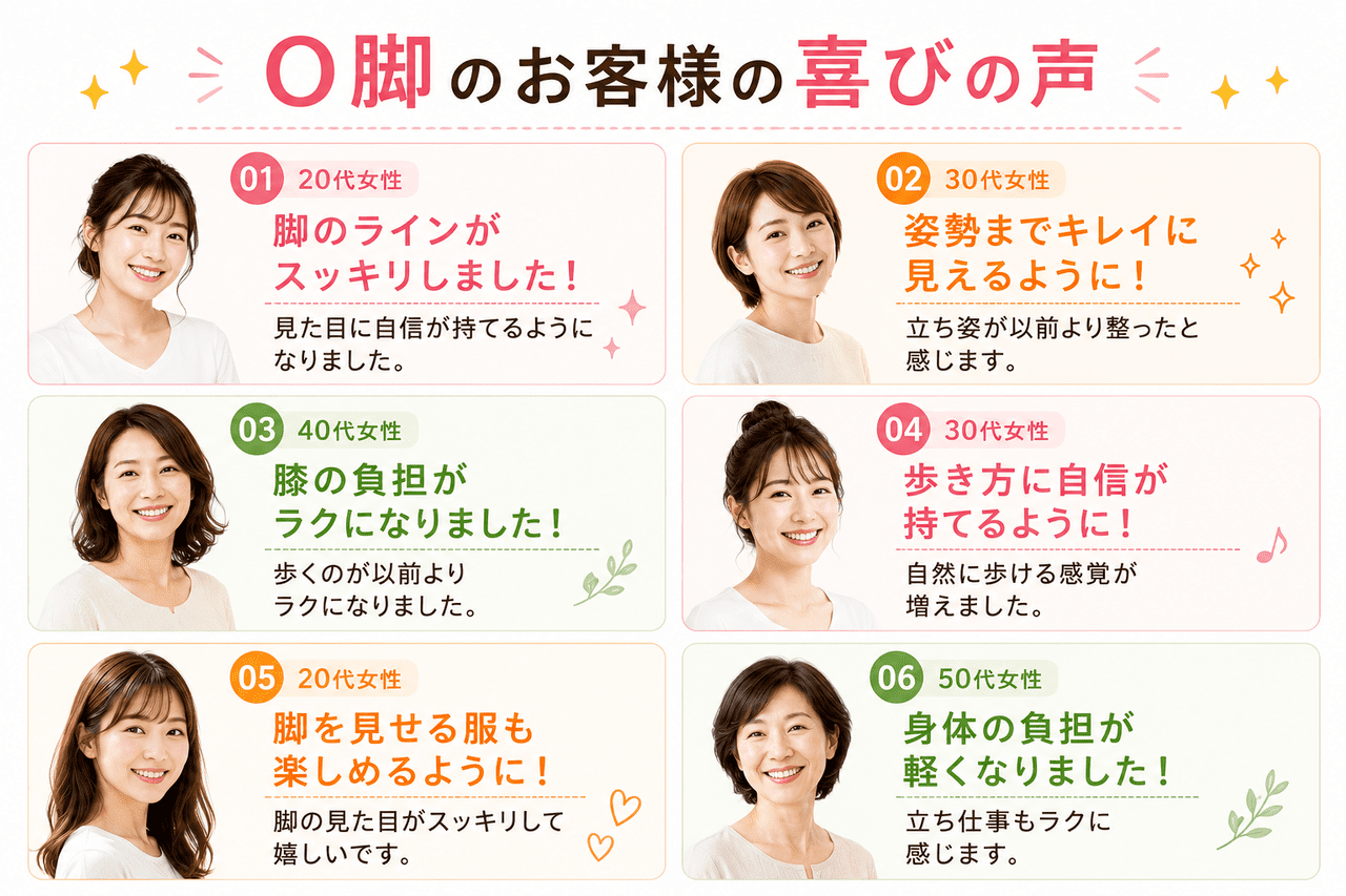 独自のO脚矯正整体を受けられ、下半身の冷え・むくみの解消や美脚ラインを実感された患者様の喜びのイメージ画像