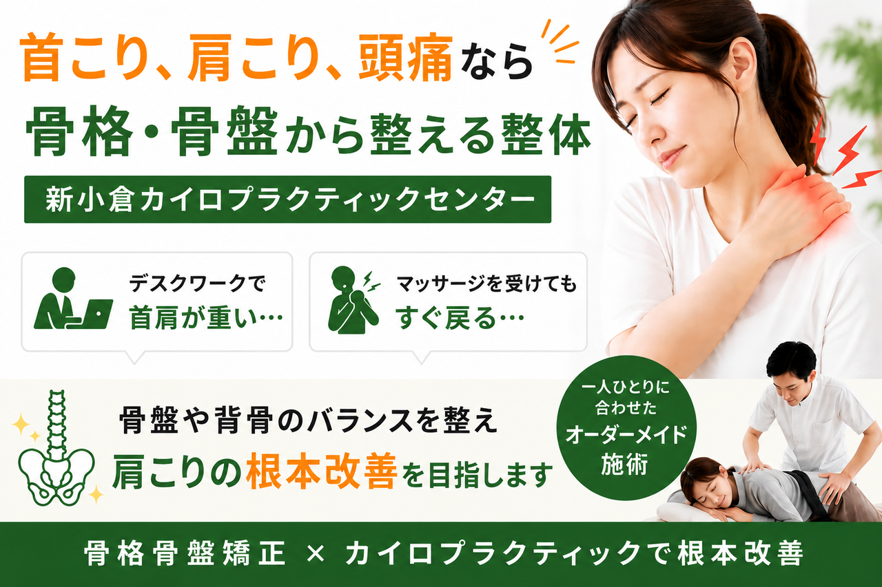 新小倉カイロプラクティックセンターの「首こり・肩こり・頭痛」専門整体コースの案内イメージ（肩の痛みに悩む女性と、骨盤・背骨を整える施術のイラスト）