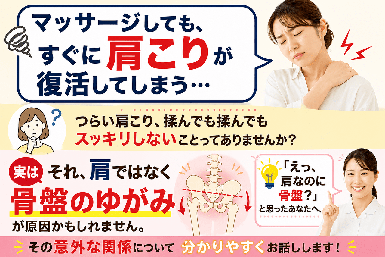 骨盤のゆがみと肩こりの意外な関係性を説明するイメージ画像。マッサージしてもすぐに復活する頑固な肩こりに悩む女性。