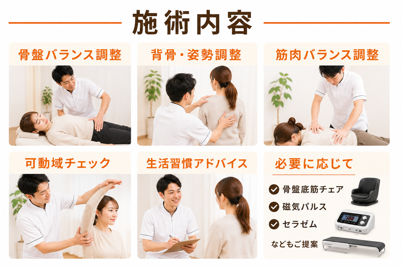 背骨や首の骨（頸椎）の歪みをミリ単位で優しく整え、自然治癒力を高める本格カイロプラクティック施術のイメージ