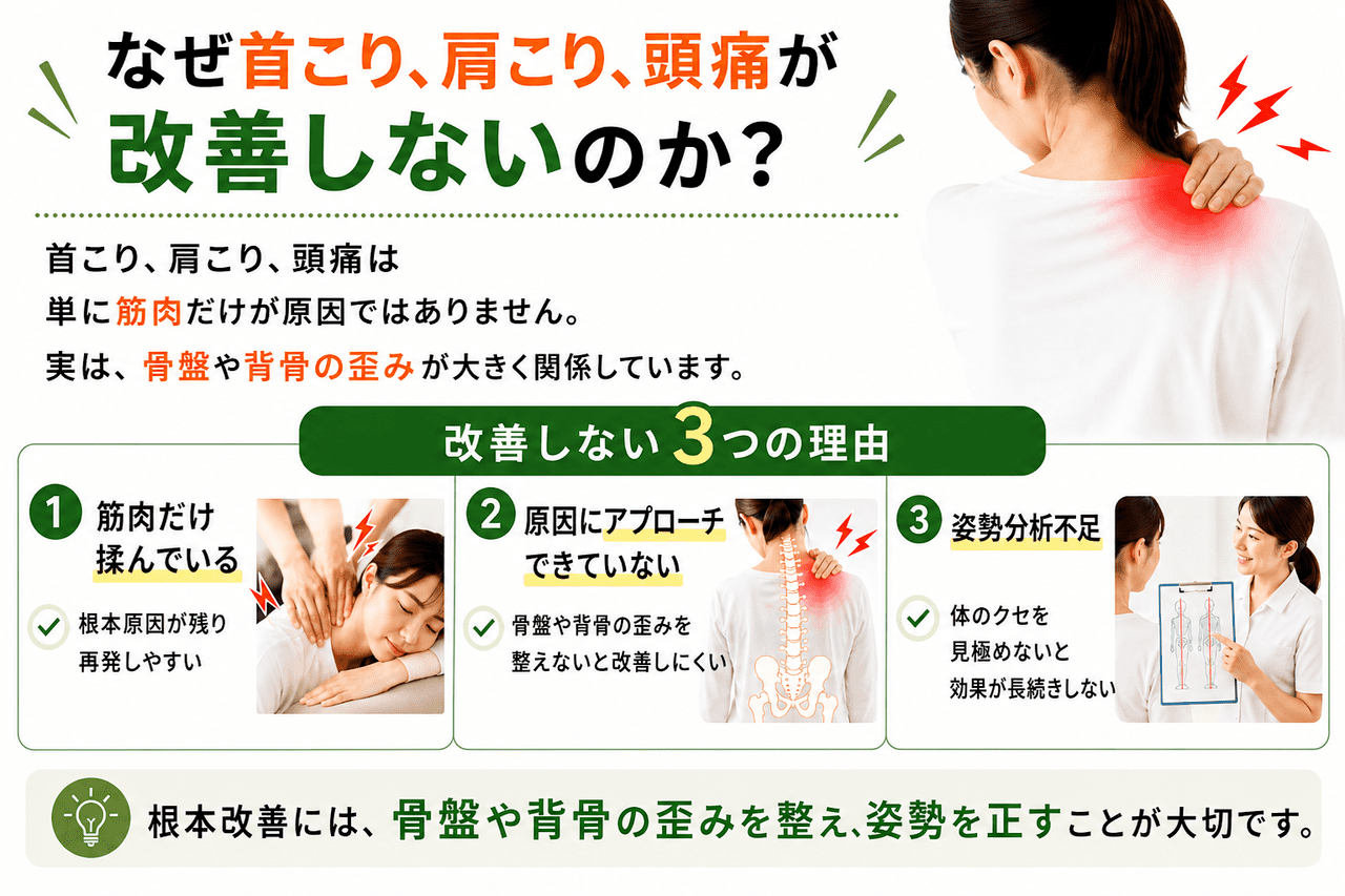 マッサージで一時的に揉みほぐしても、原因である骨格や骨盤の歪みが戻ってしまうイメージ画像