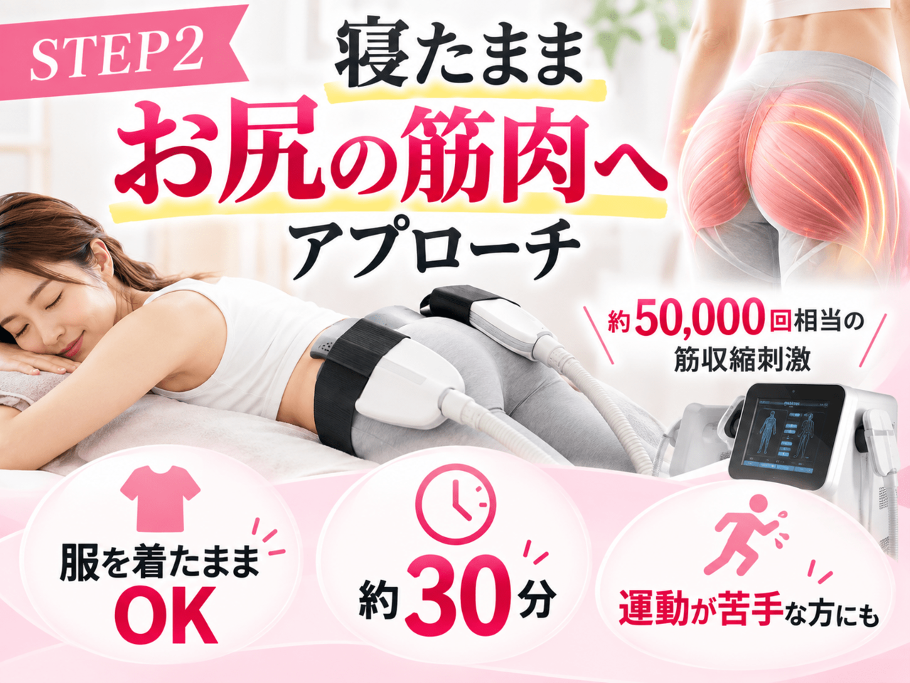 服を着たまま寝ているだけでお尻の筋肉を刺激する磁気パルス施術風景