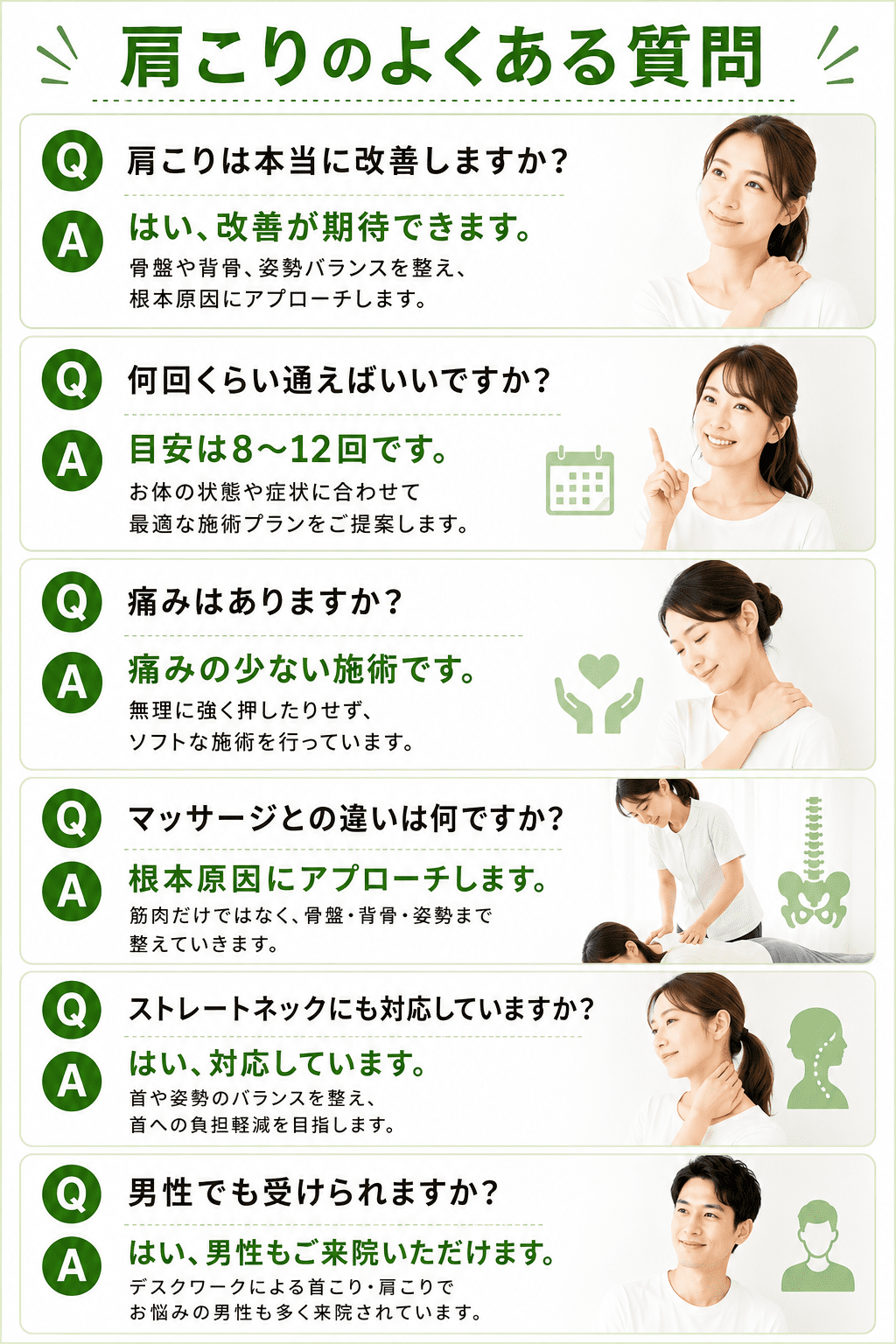 初めて整体を受ける方が抱く、施術の痛みや通院回数などの疑問を表すイメージ画像