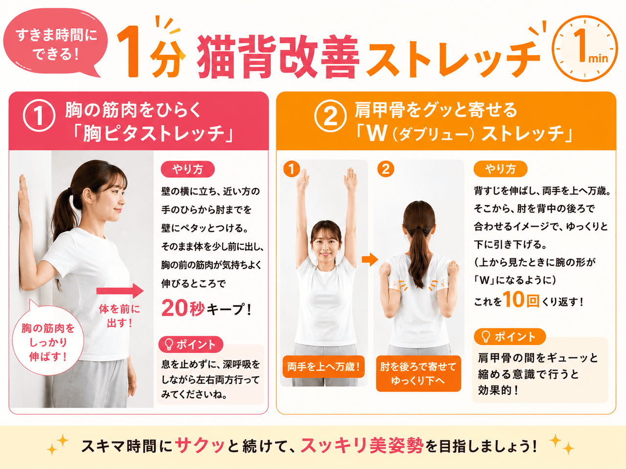 自宅やオフィスのすきま時間にたった1分でできる、超簡単な猫背改善ストレッチの方法を紹介する図解・イラスト。