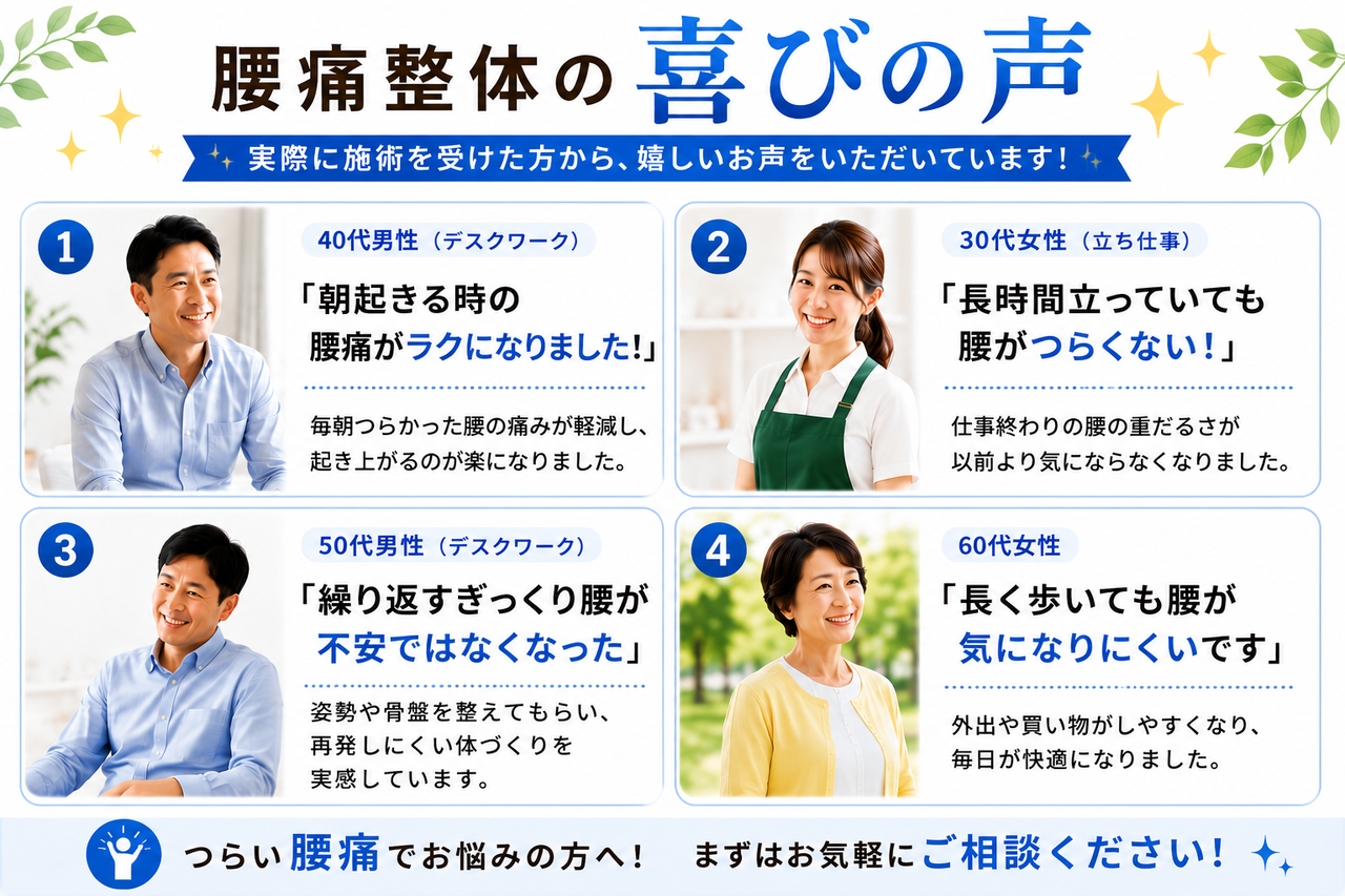 北九州市小倉南区の新小倉カイロプラクティックセンターで腰痛が改善した患者様の喜びの声