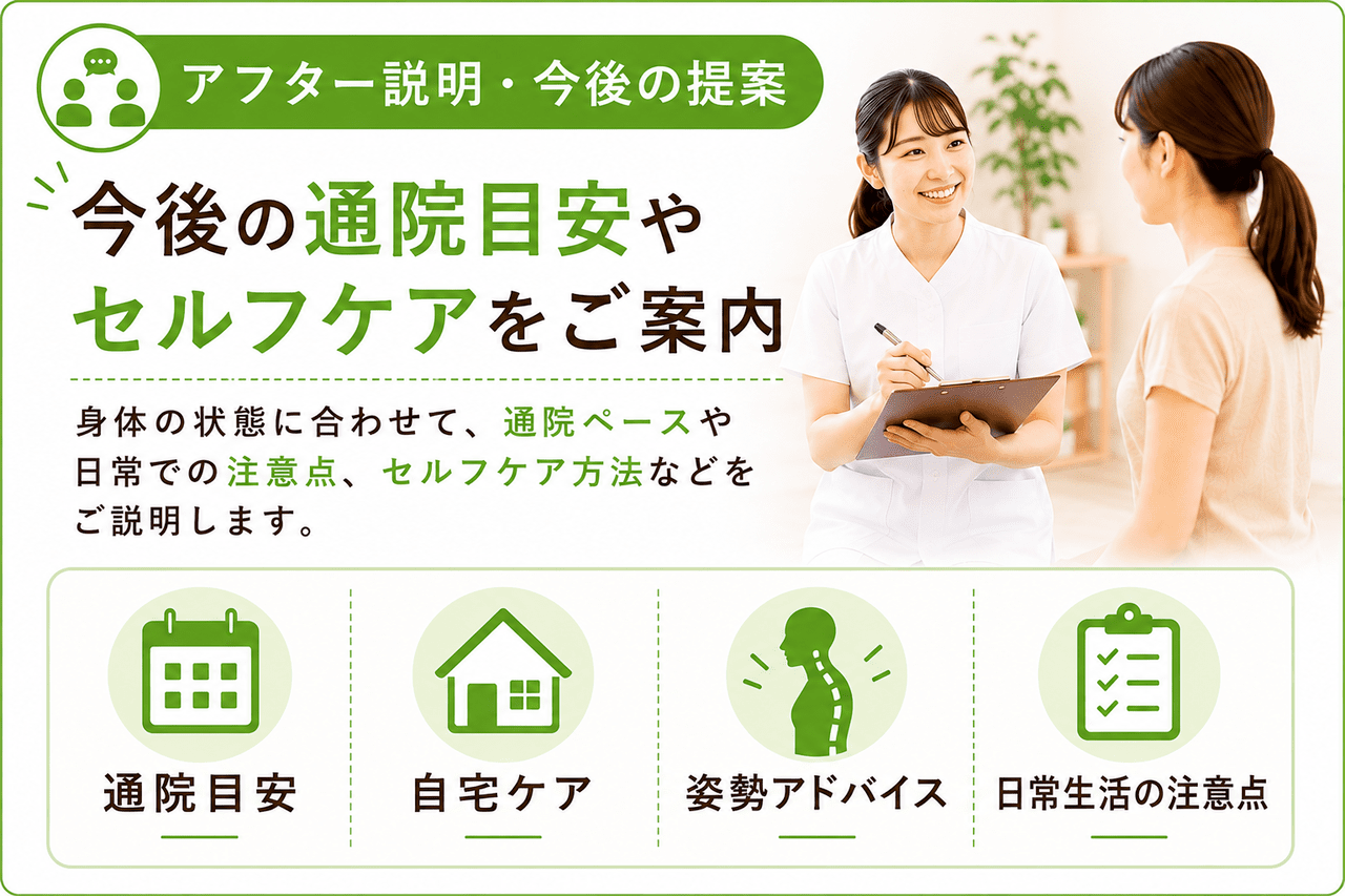 施術後の良い状態を長く維持するためのセルフケアストレッチや、理想的な通院ペースを丁寧に提案する新小倉カイロプラクティック整体院の充実のアフターフォロー