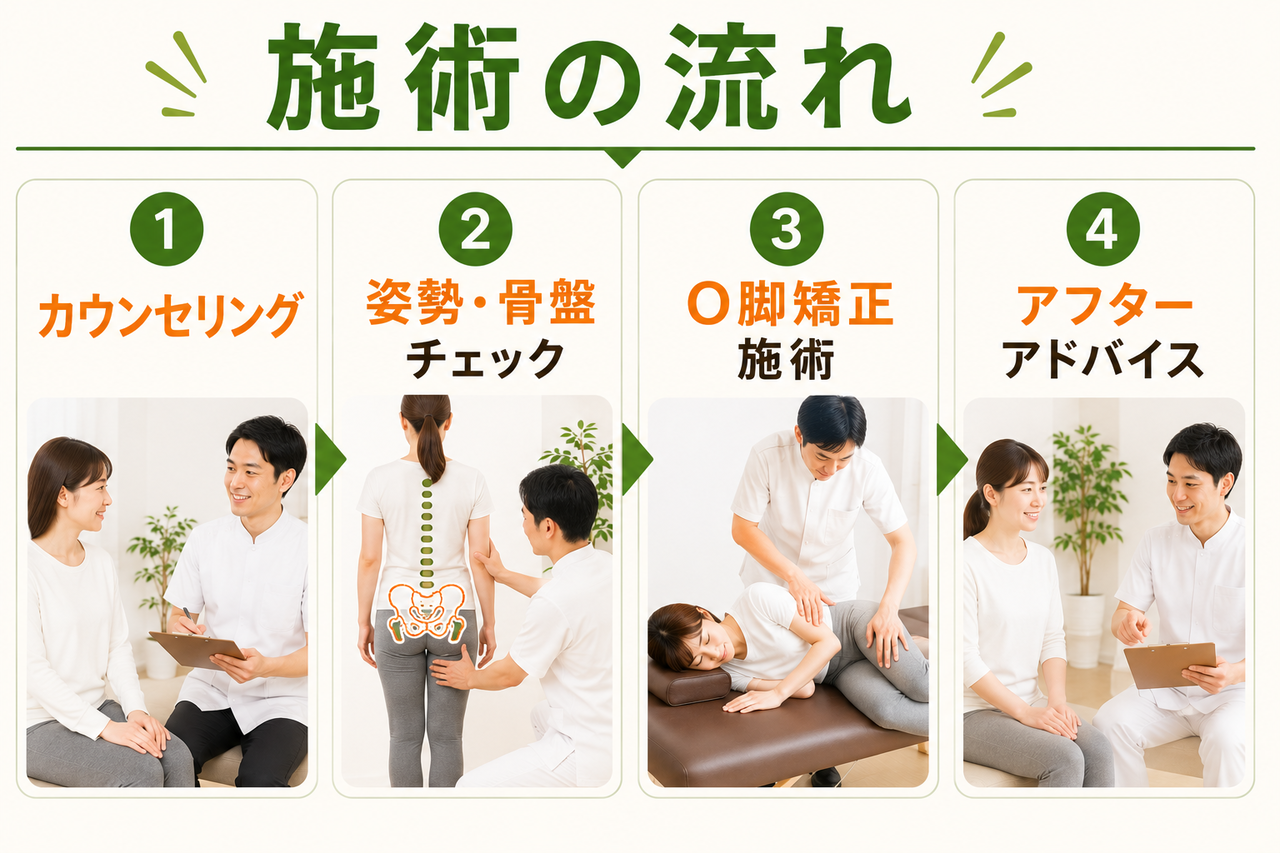 北九州市小倉南区の新小倉カイロプラクティックセンターが提供するO脚矯正整体の施術の流れ（①カウンセリング ②姿勢・骨盤チェック ③O脚矯正施術 ④アフターアドバイス）の解説図