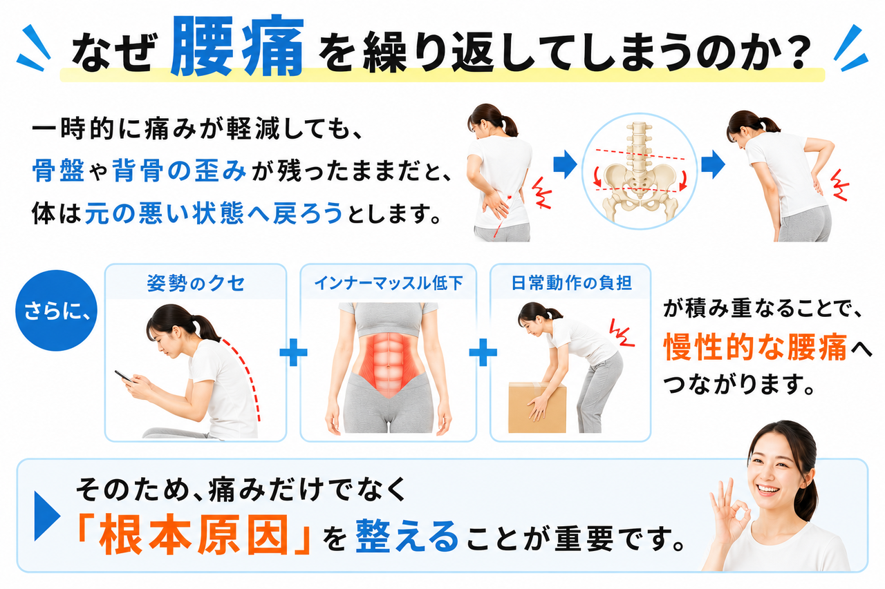 骨盤の歪みや日常動作の負担によって慢性化する腰痛のメカニズム