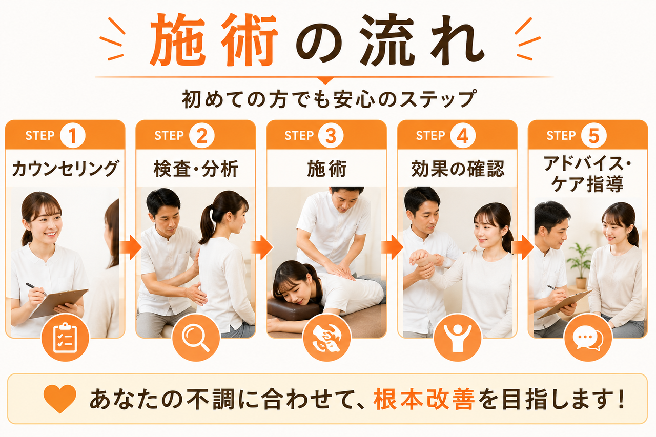 新小倉カイロプラクティックセンターの「施術の流れ」の解説図。カウンセリング、検査・分析、施術、効果の確認、アドバイス・ケア指導の5つのステップを紹介。