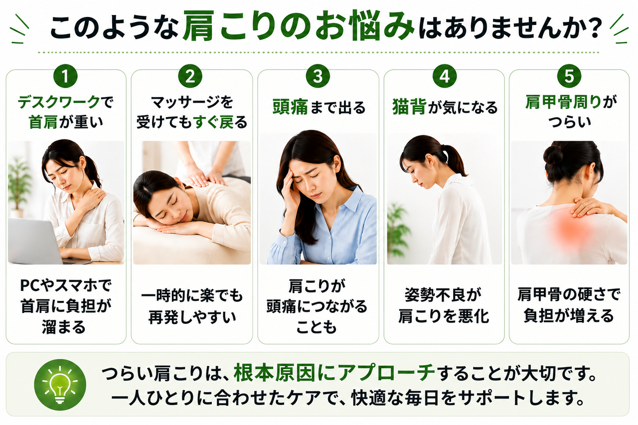 デスクワークによる肩こりや慢性的な首こり、頭痛に悩まされている人のイメージ画像