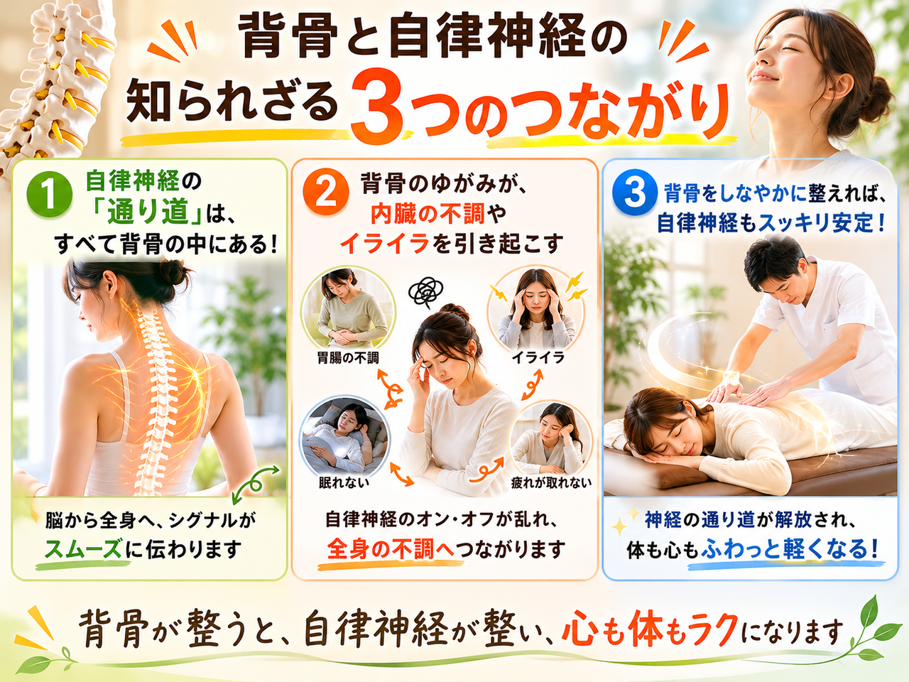 背骨の歪みや硬さが神経を圧迫し、自律神経のオン・オフの切り替えや胃腸の働きを低下させる仕組みを説明した解説図・イラスト。