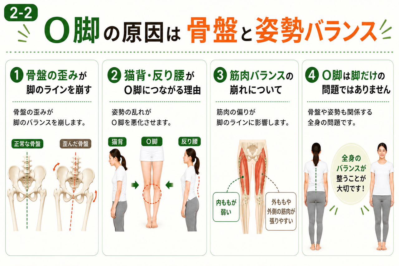 小倉南区の当院が解説する、骨盤の歪みや骨格の開きが股関節のねじれやO脚を引き起こすメカニズムの解説図