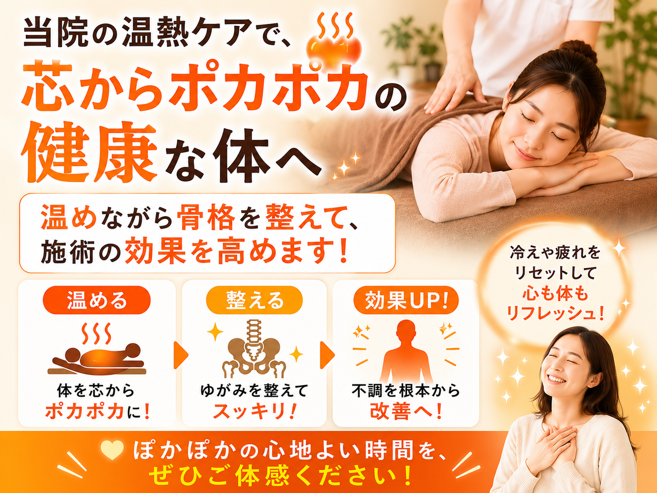 北九州市小倉南区の新小倉カイロプラクティック整体院で提供している、お体を温めながら骨格を整える温熱マッサージベッド（セラゼムマスターV3）の施術風景。