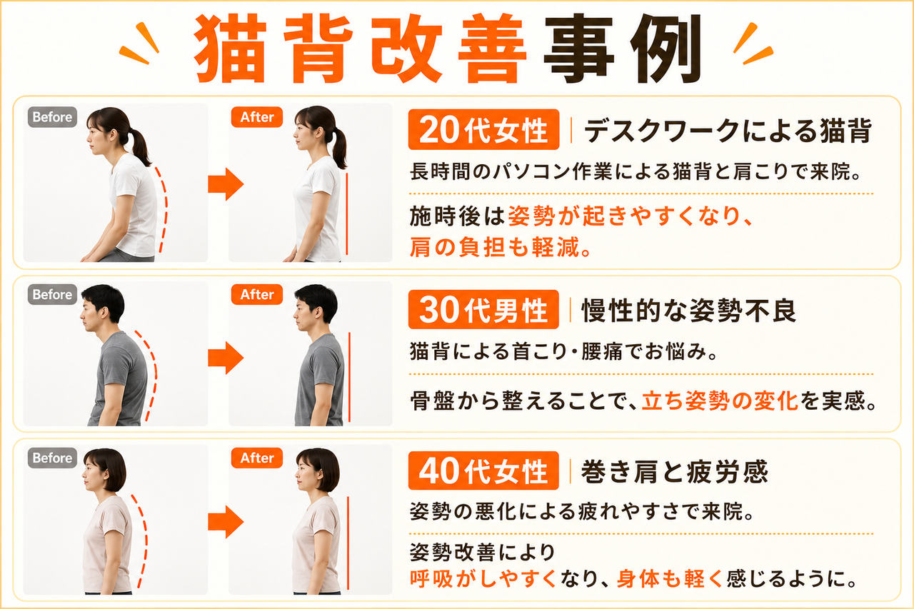 骨盤から整える猫背姿勢矯正コースによる姿勢改善・猫背改善の事例