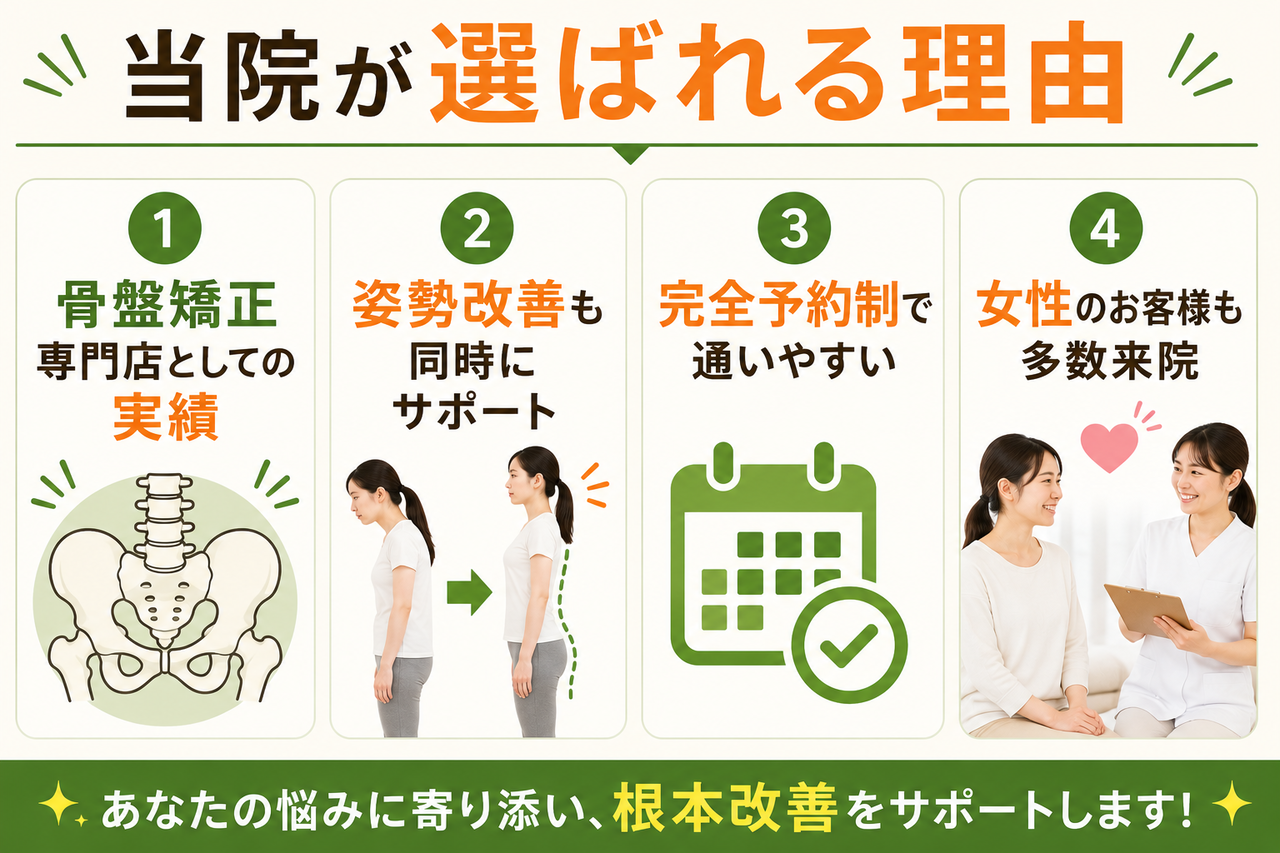 丁寧なカウンセリングと体全体のつながりを徹底分析する検査で、O脚の根本原因を突き止める整体院の解説図