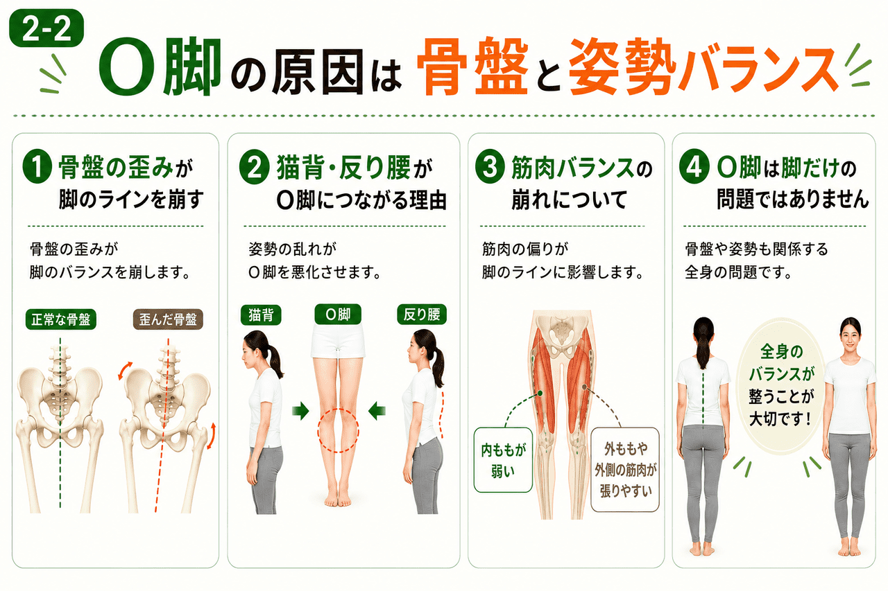 小倉南区の当院が解説する、骨盤の歪みや骨格の開きが股関節のねじれやO脚を引き起こすメカニズムの解説図
