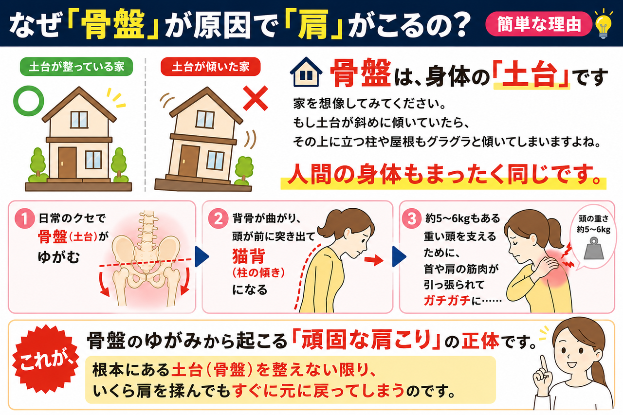 家の土台の傾きと人間の骨盤のゆがみを比較したイラスト。骨盤が歪むことで猫背になり、頭を支える首や肩の筋肉がガチガチに凝る仕組みの解説。